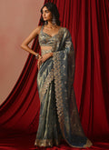 Blue Embroidered Tissue Saree