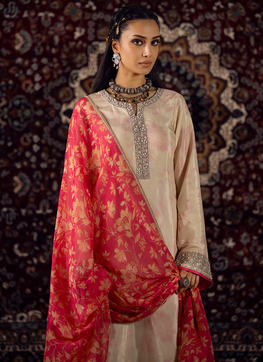 Off White and Pink Embroidered Silk Satin Palazzo Suit