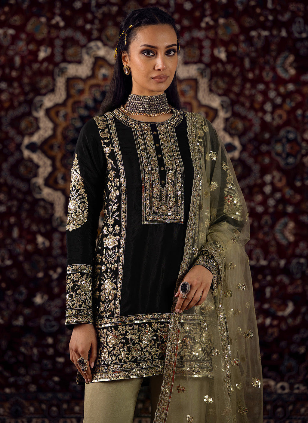 Black and Gold Embroidered Organza Pant Suit