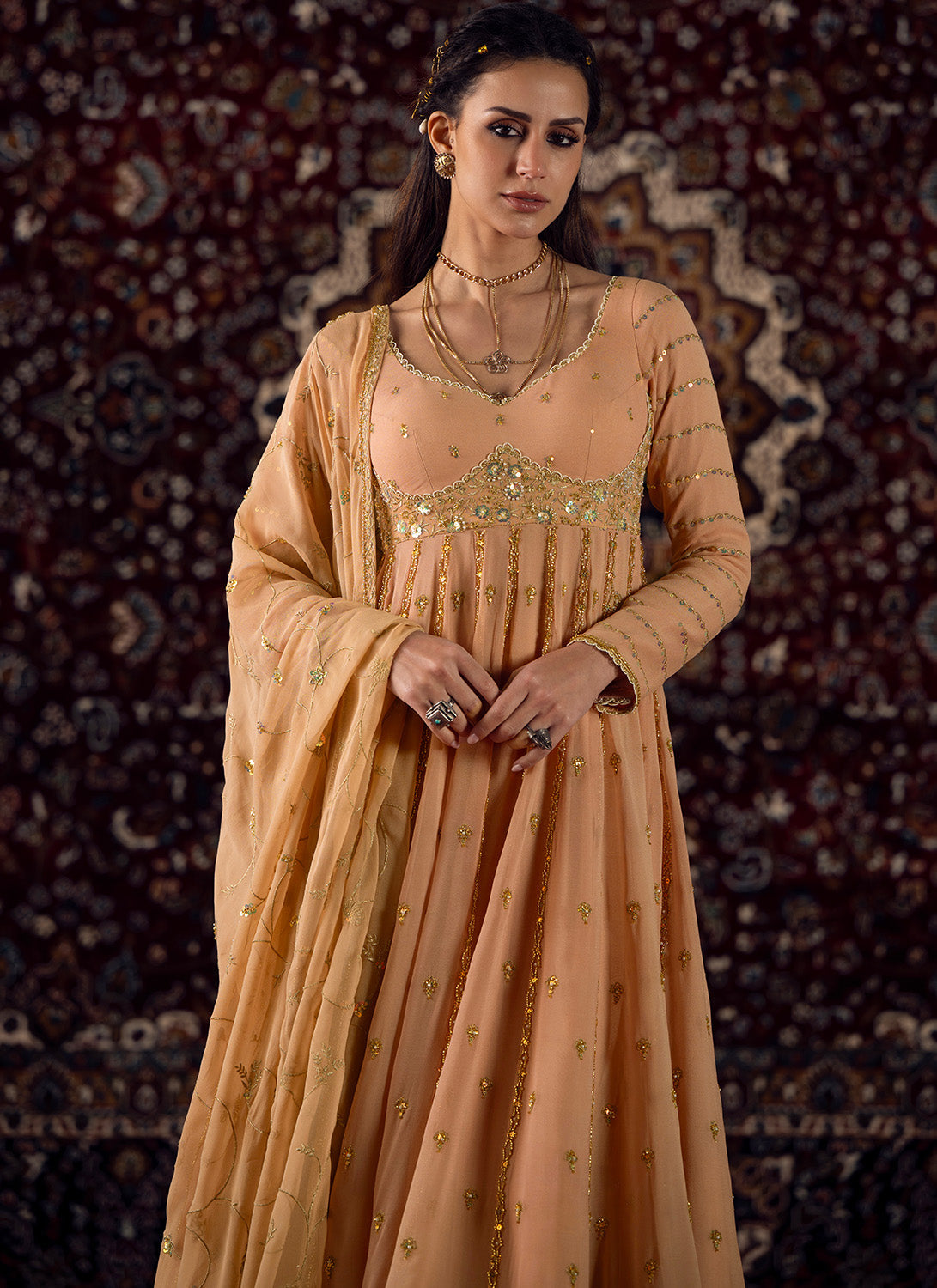 Soft Peach Embroidered Georgette Anarkali Style Sharara