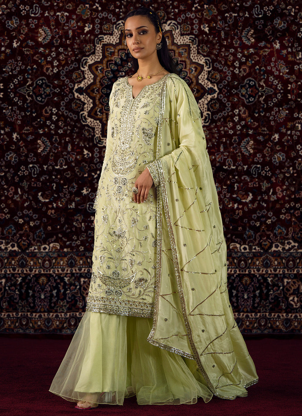 Pistachio Green Embroidered Silk Sharara Suit
