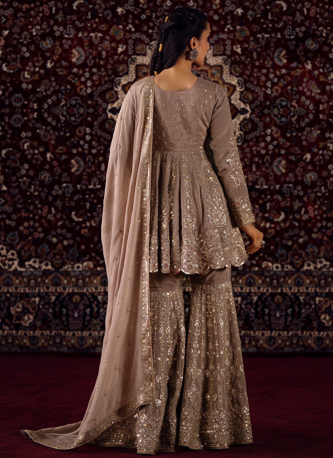 Dusty Taupe Embroidered Chinon Gharara Suit