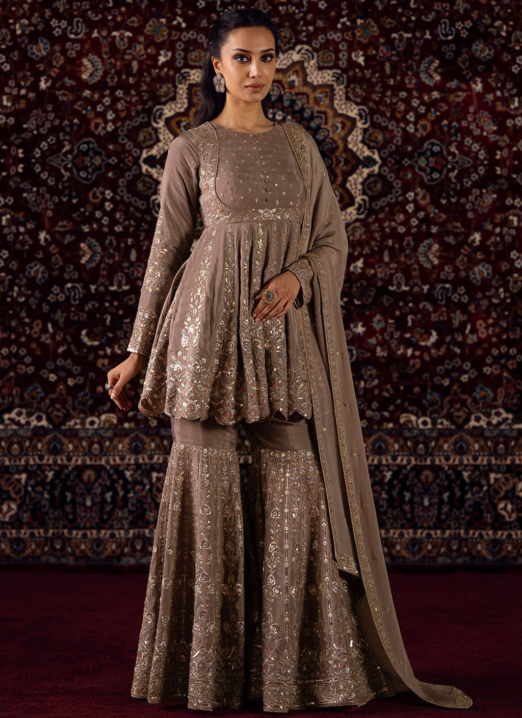 Dusty Taupe Embroidered Chinon Gharara Suit