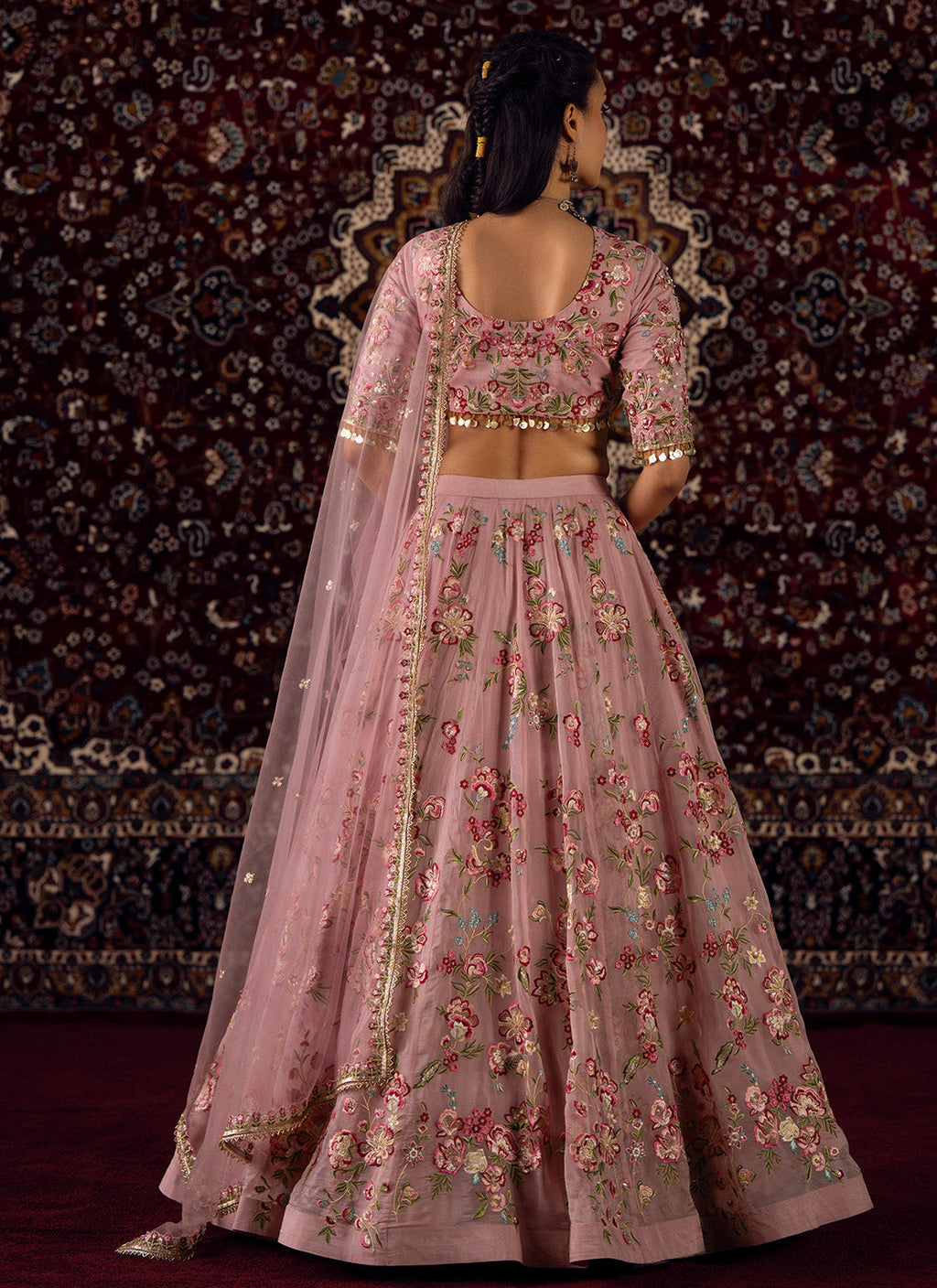 Pink Floral Embroidered Organza Lehenga