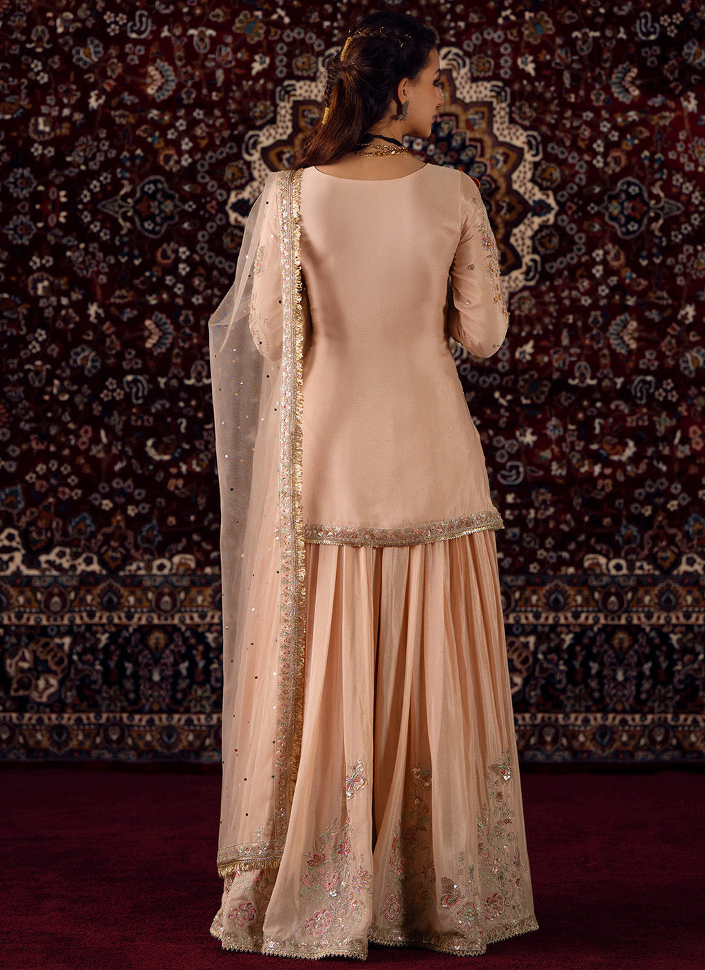Soft Peach Embroidered Viscose Chinon Gharara