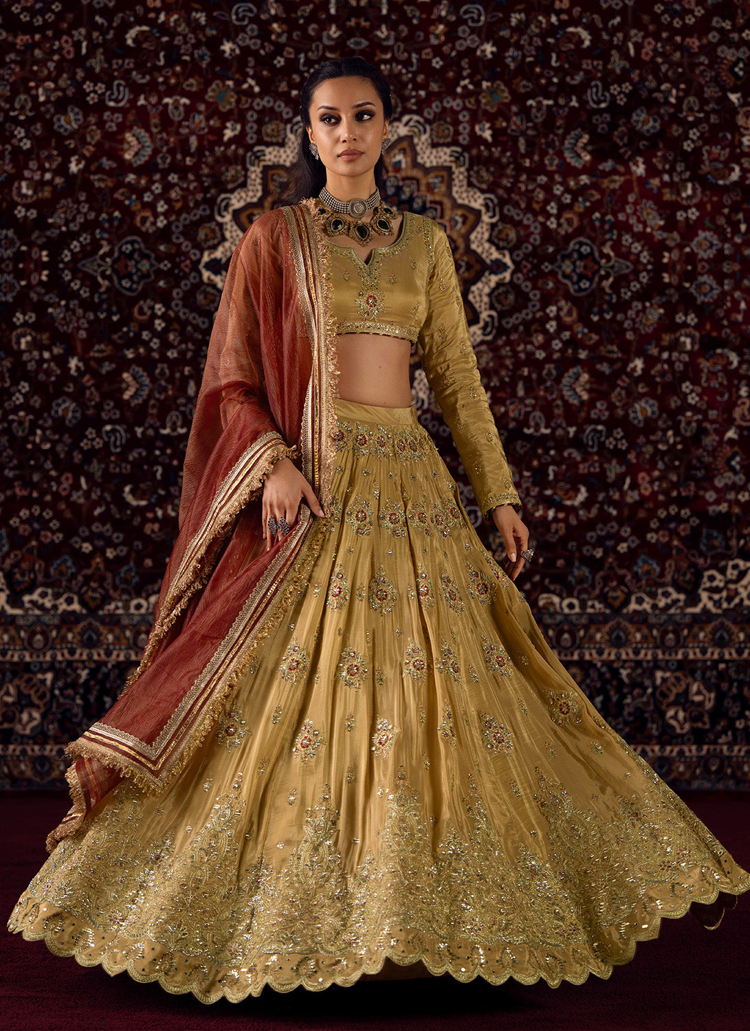 Gold and Maroon Embroidered Viscose Silk Lehenga