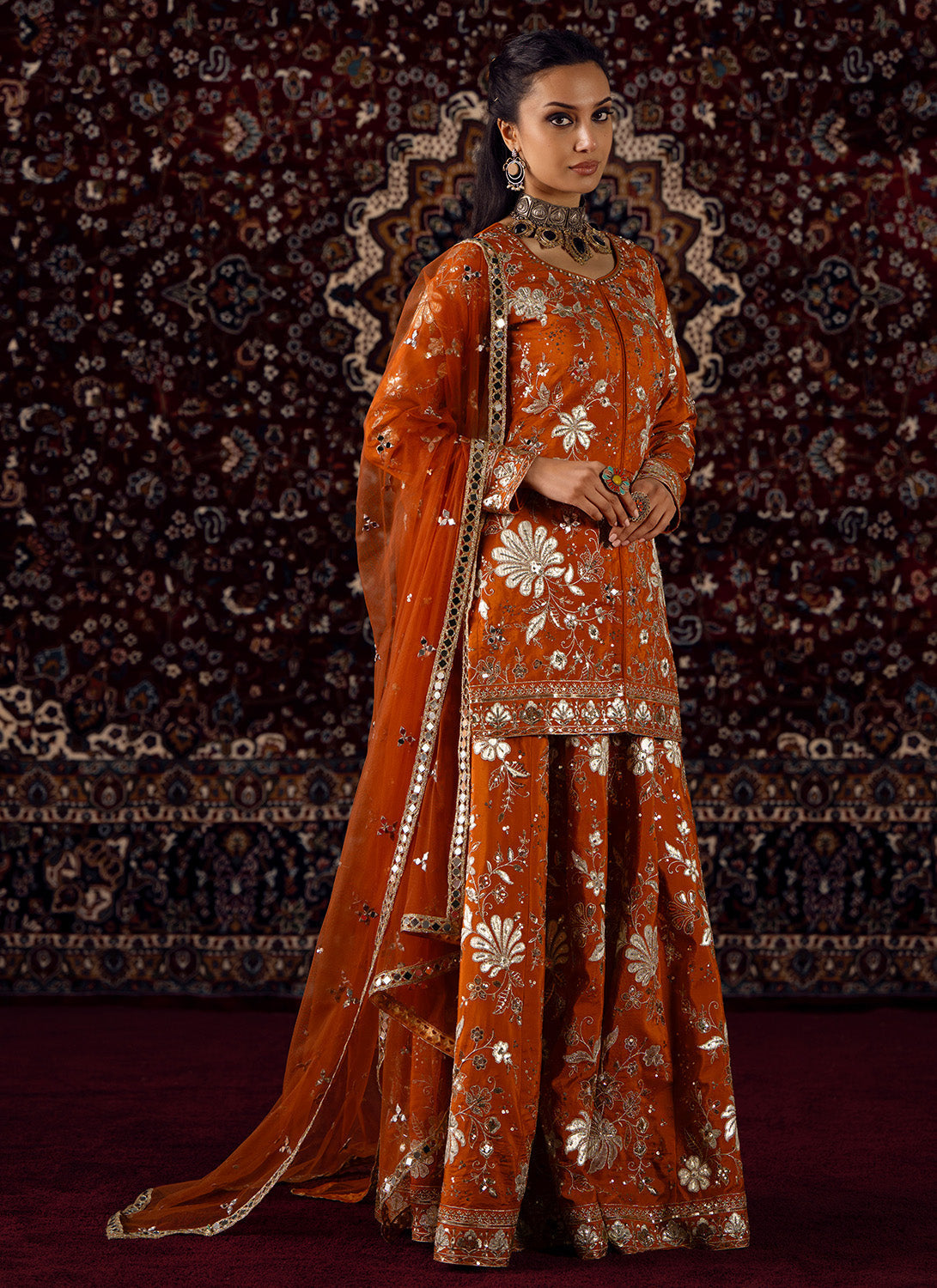 Rust Orange Embroidered Viscose Silk Sharara