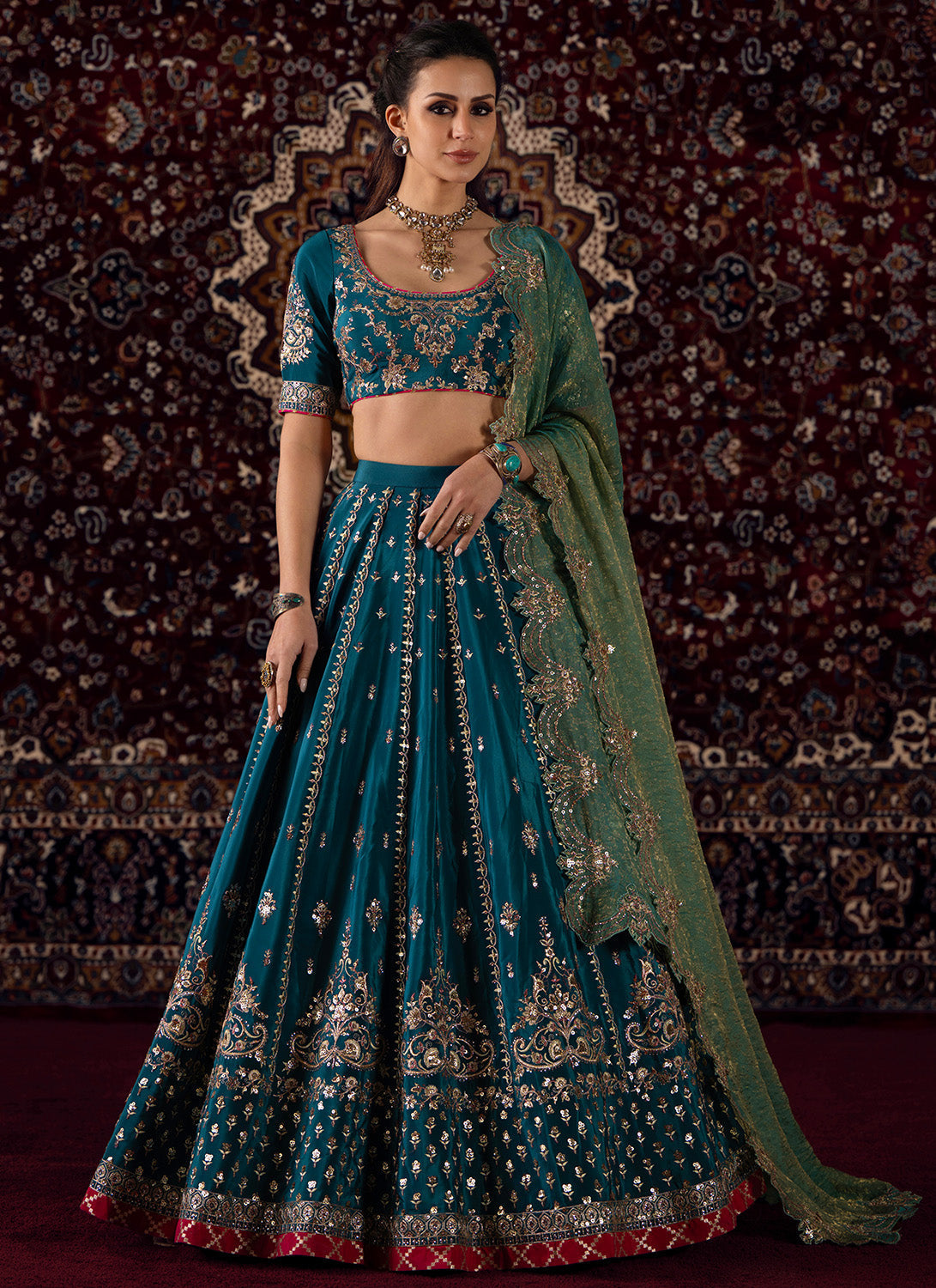 Teal Blue Embroidered Viscose Crepe Lehenga