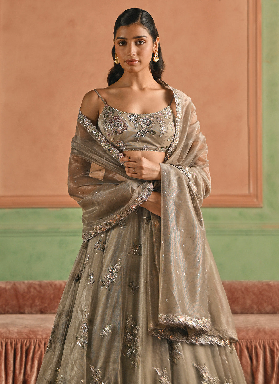 Dusty Grey Embroidered Net Lehenga