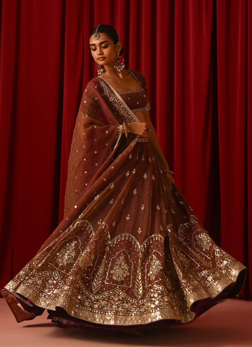 Brown Embroidered Tissue Lehenga