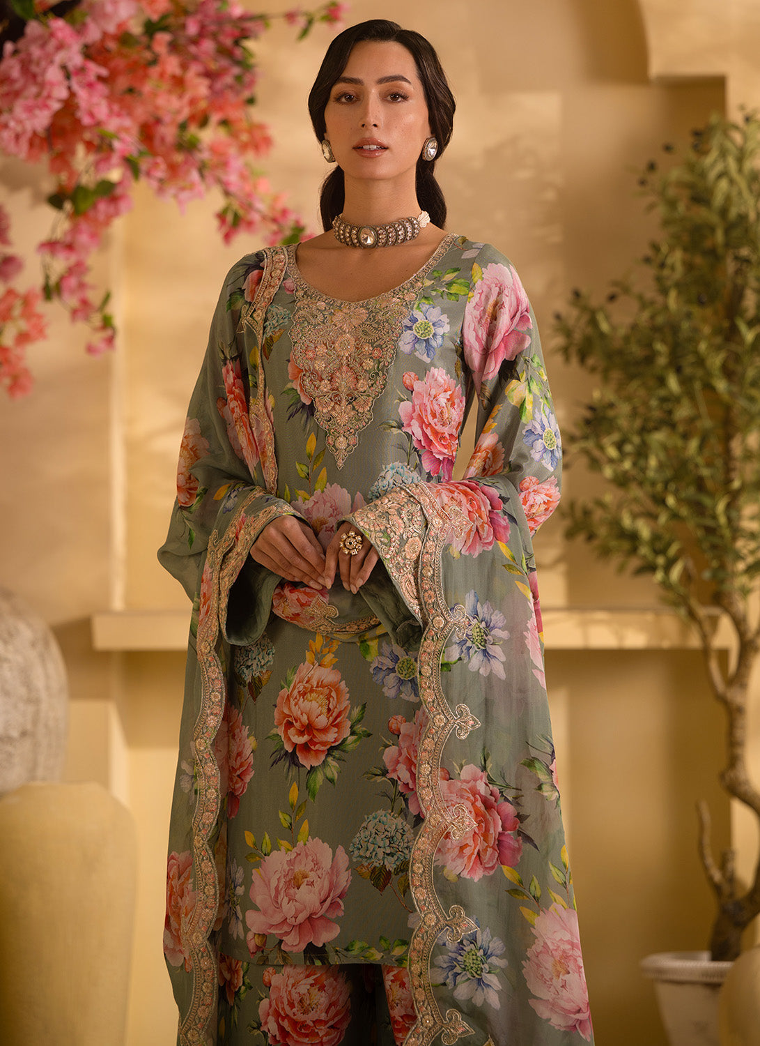 Dusty Mint Floral Embroidered Satin Georgette Palazzo Suit