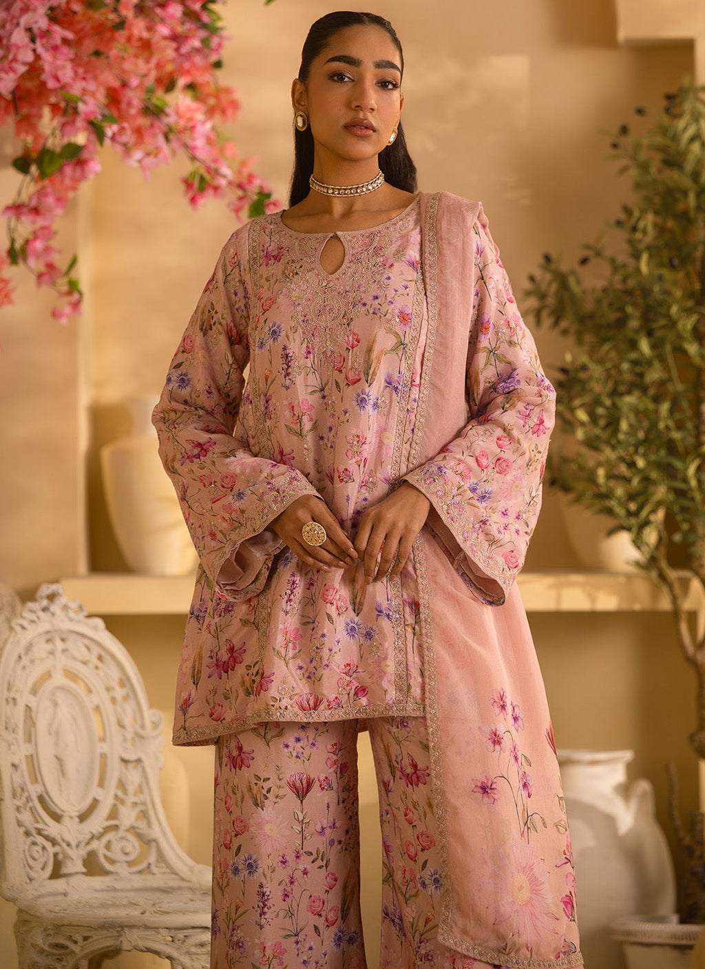Dusty Peach Floral Embroidered Palazzo Suit