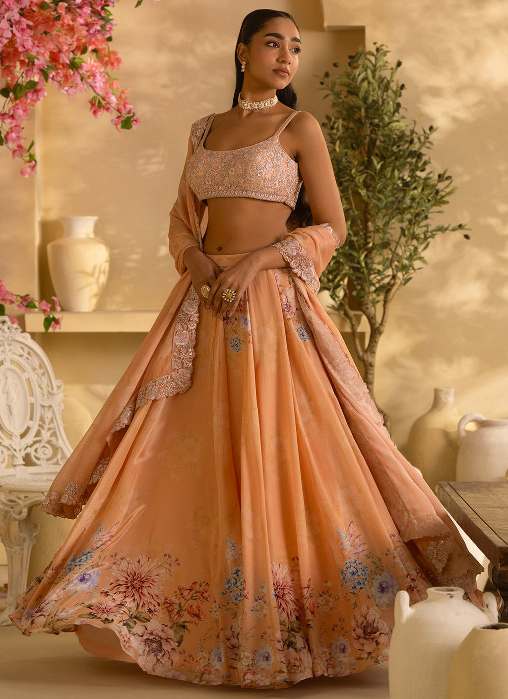 Golden Yellow Floral Embroidered Crepe Silk Lehenga