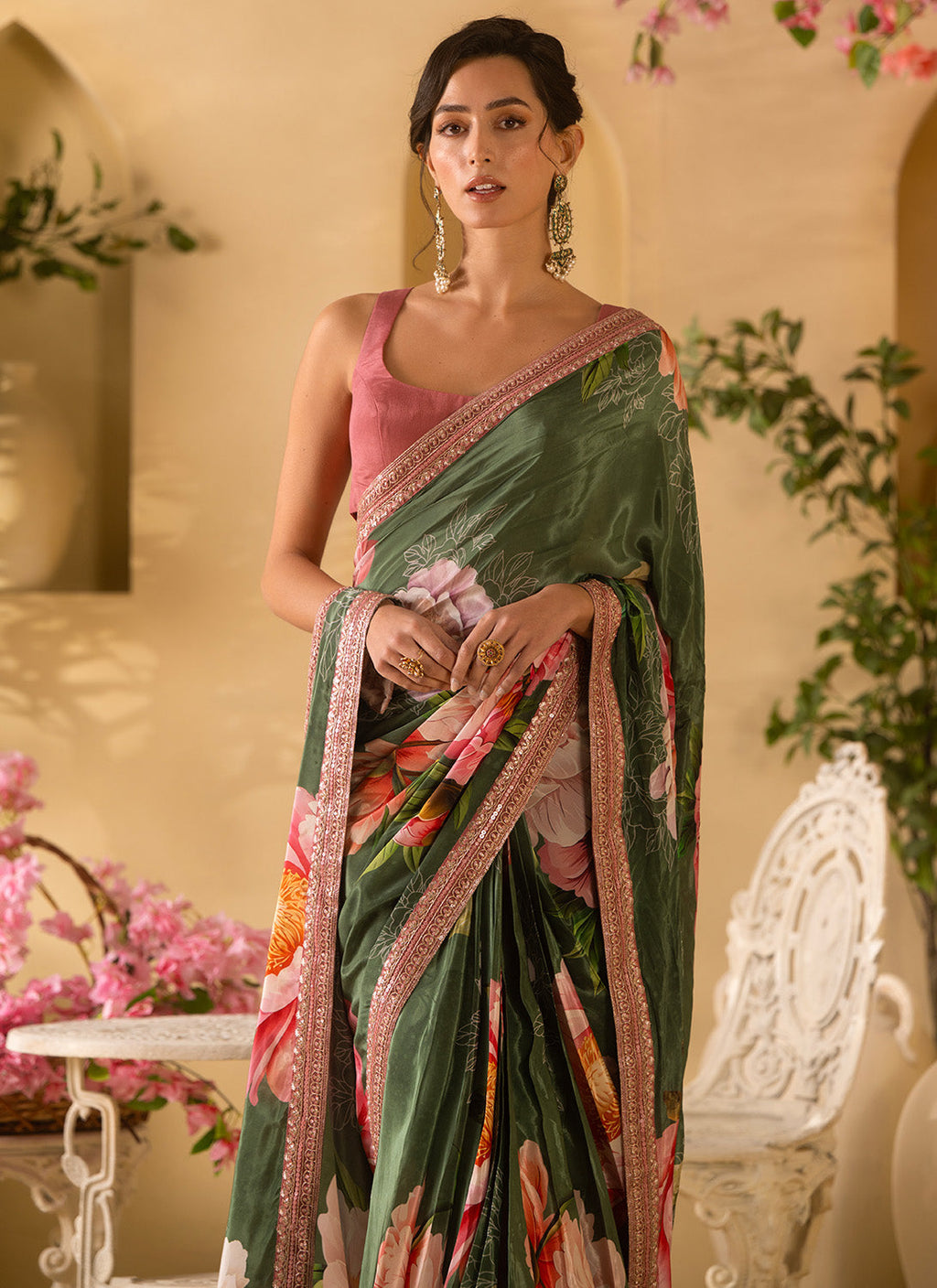 Green Multicolor Floral Embroidered Viscose Chinon Saree