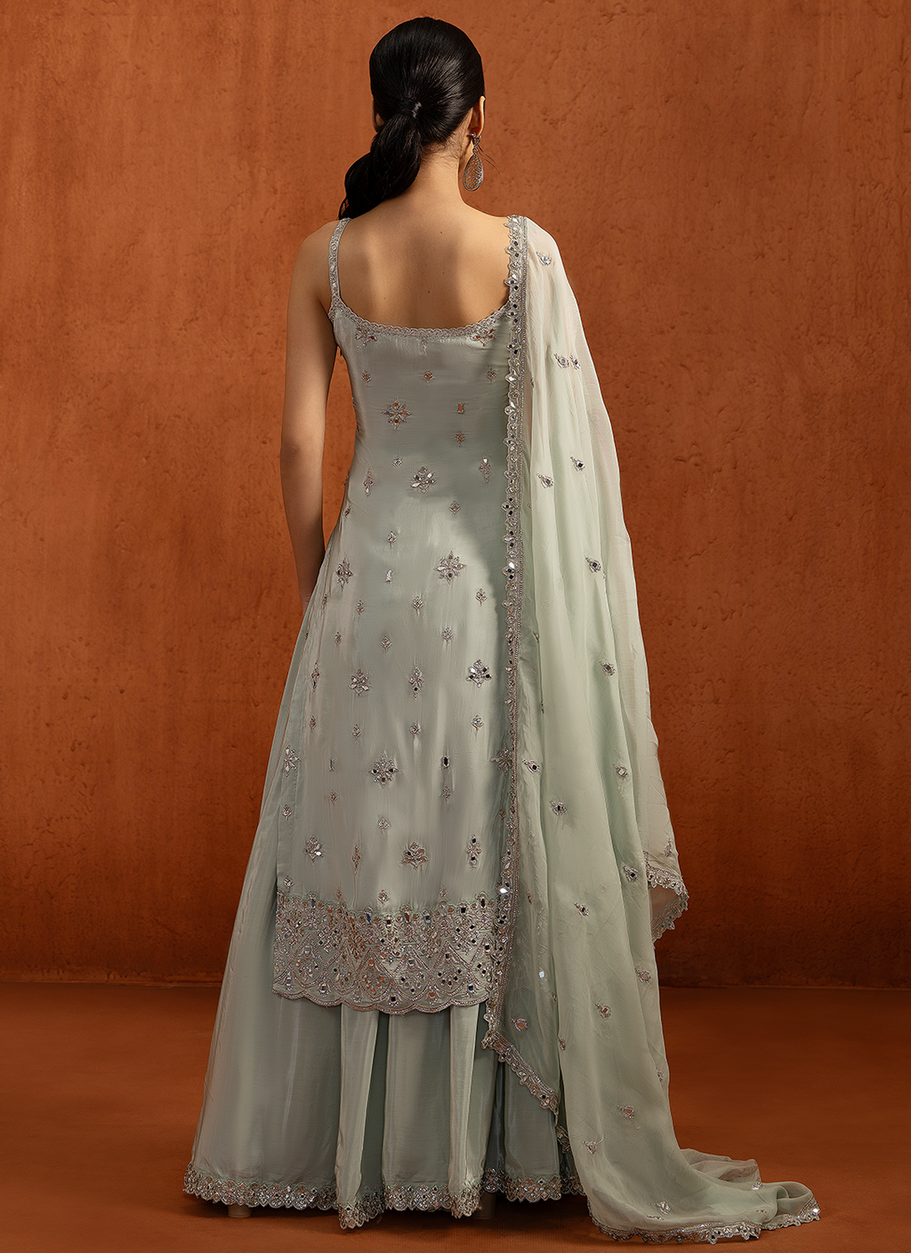 Mint Embroidered Viscose Crepe Sharara Suit