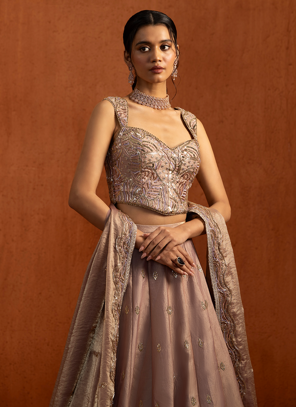 Light Mauve Embroidered Satin Lehenga