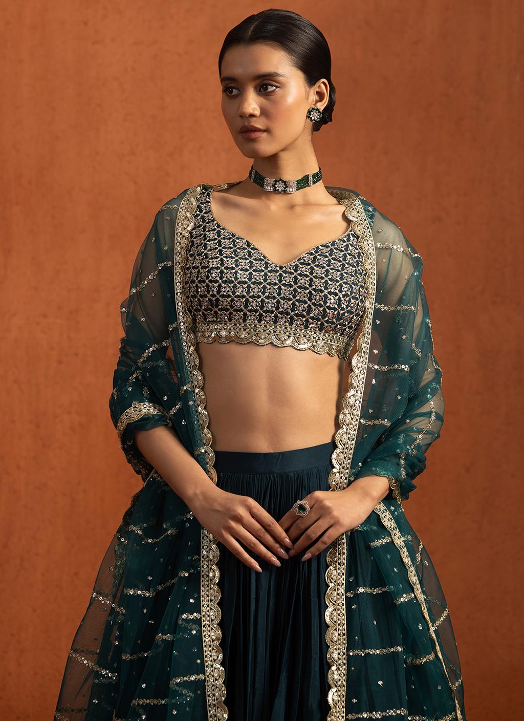 Teal Embroidered Crepe Silk Lehenga