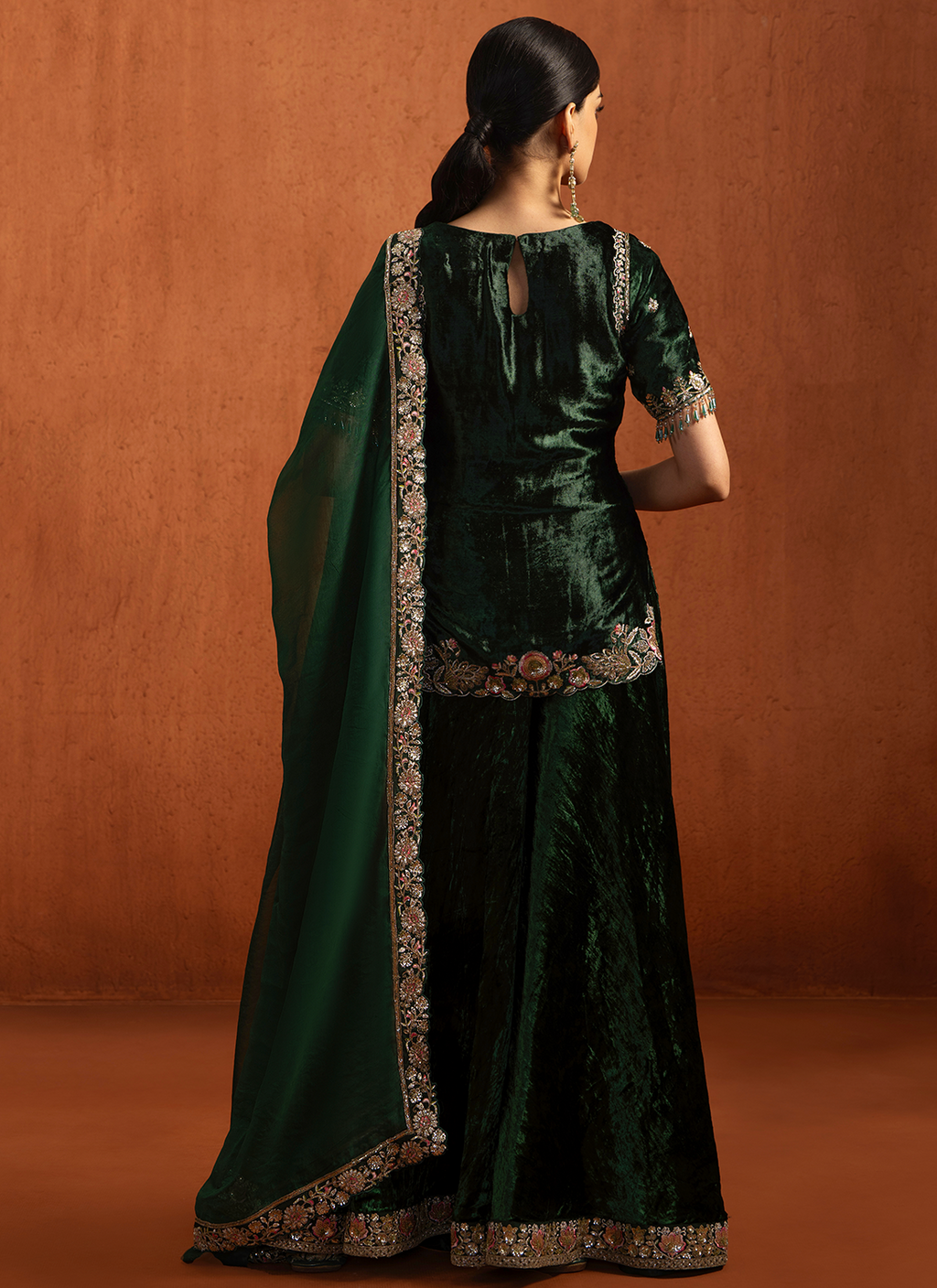 Green Embroidered Velvet Sharara Suit