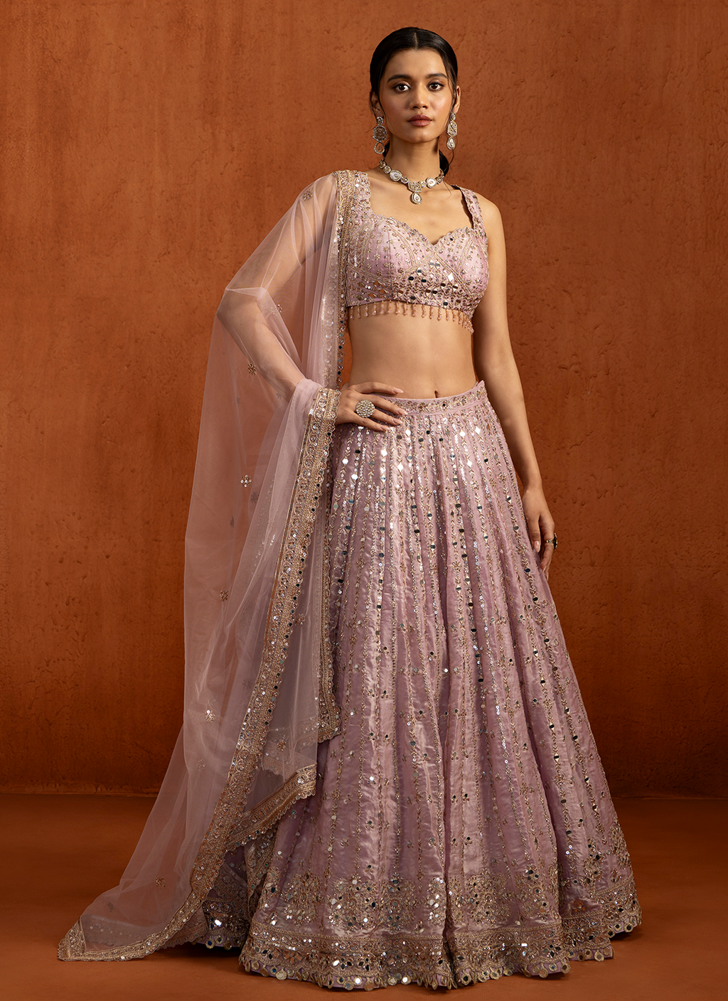 Lilac Embroidered Satin Lehenga