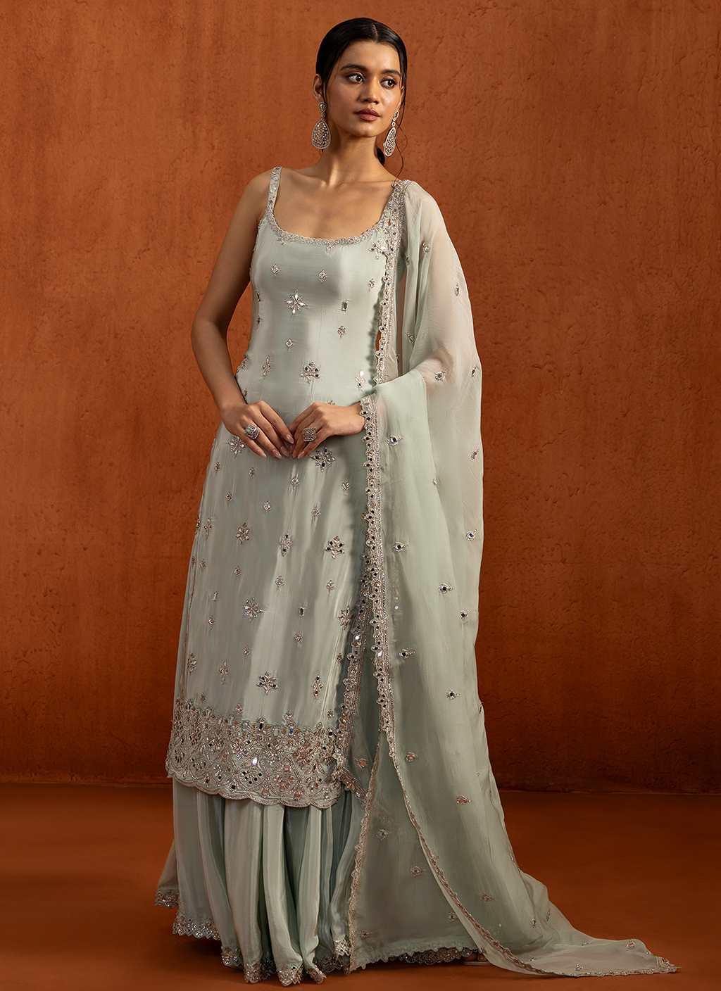 Mint Embroidered Viscose Crepe Sharara Suit