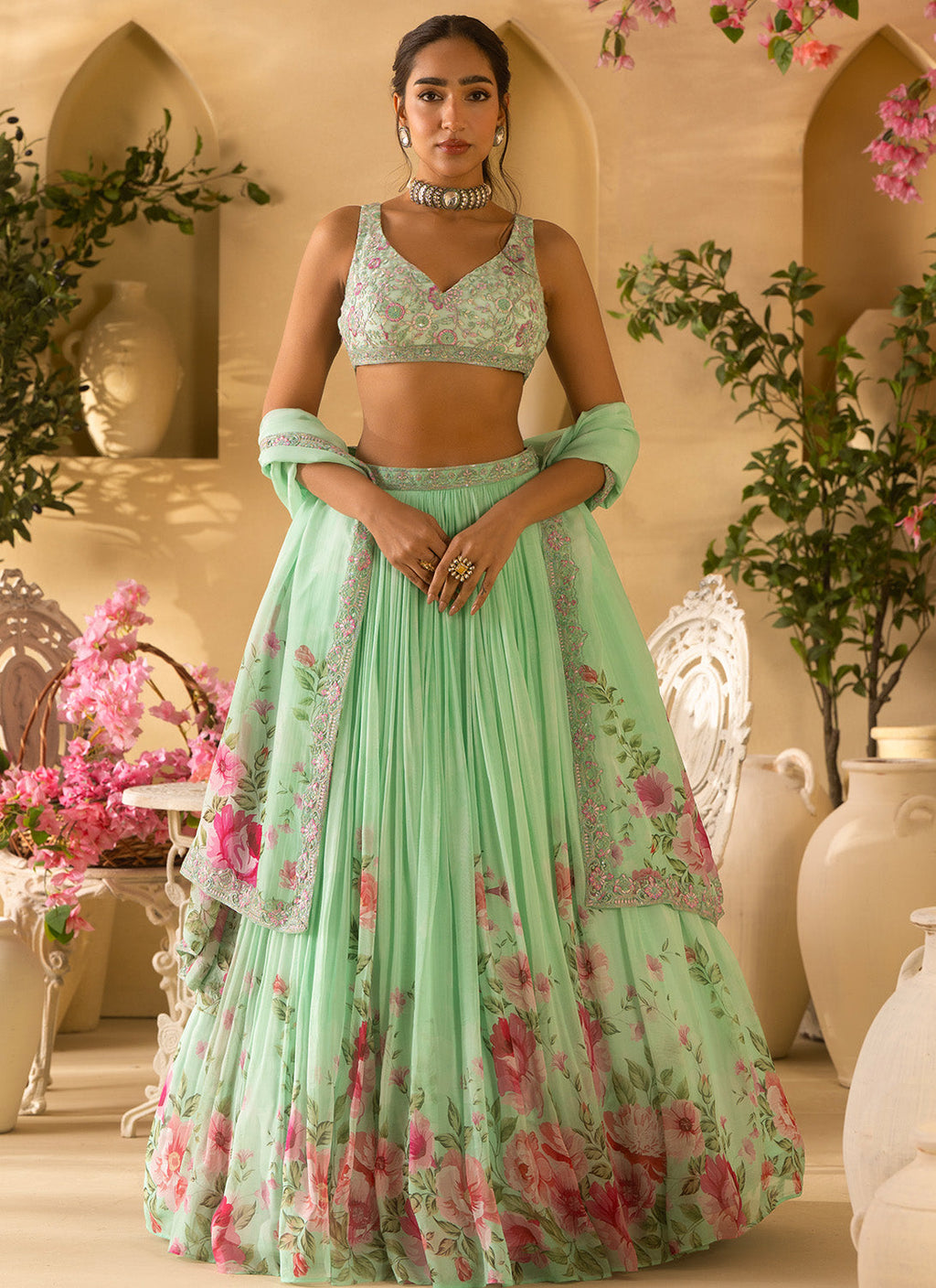 Mint Green Floral Embroidered Organza Lehenga