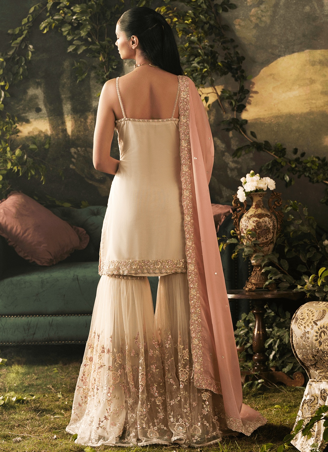 Beige and Pink Embroidered Net Gharara