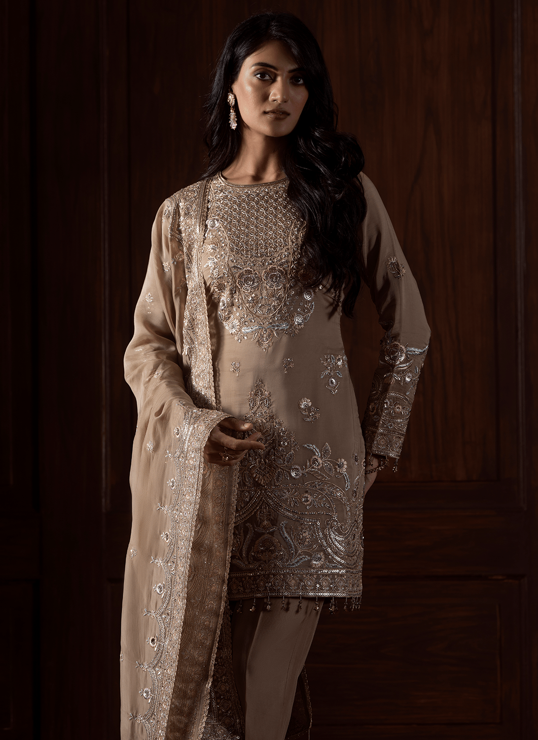 Beige Embroidered Viscose Organza Pant Suit