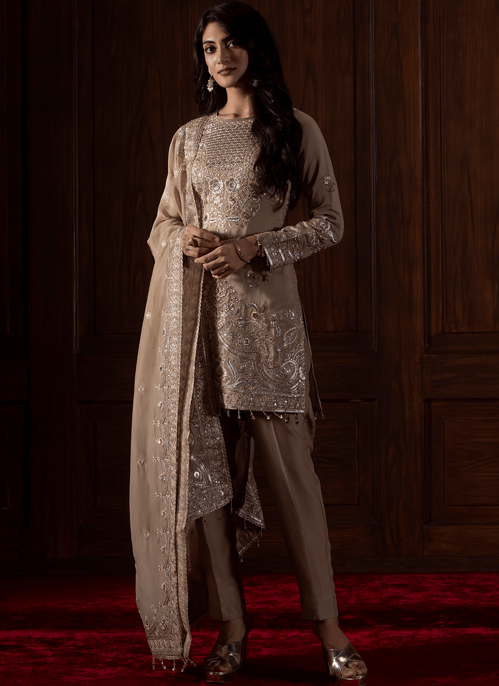 Beige Embroidered Viscose Organza Pant Suit