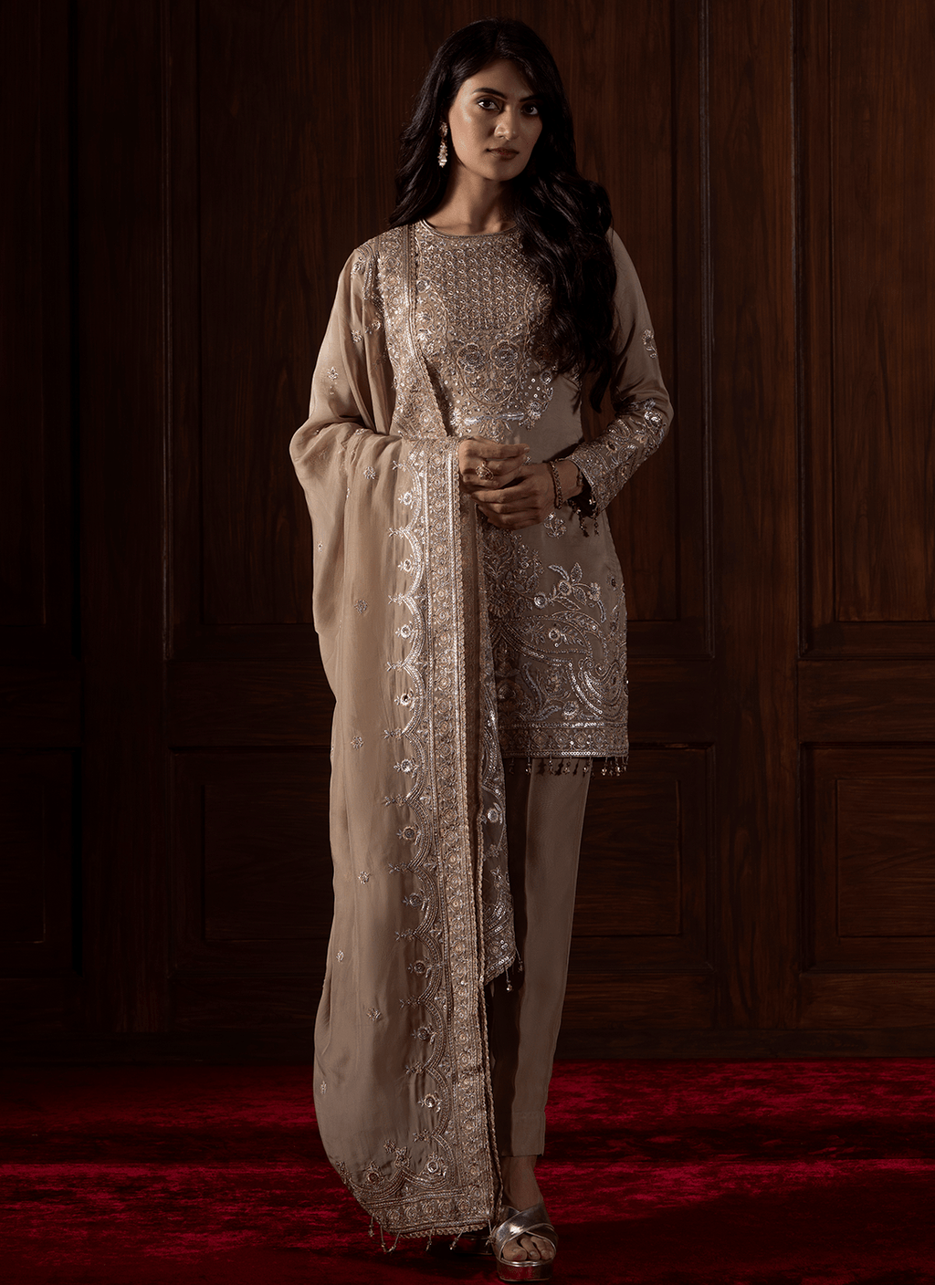 Beige Embroidered Viscose Organza Pant Suit