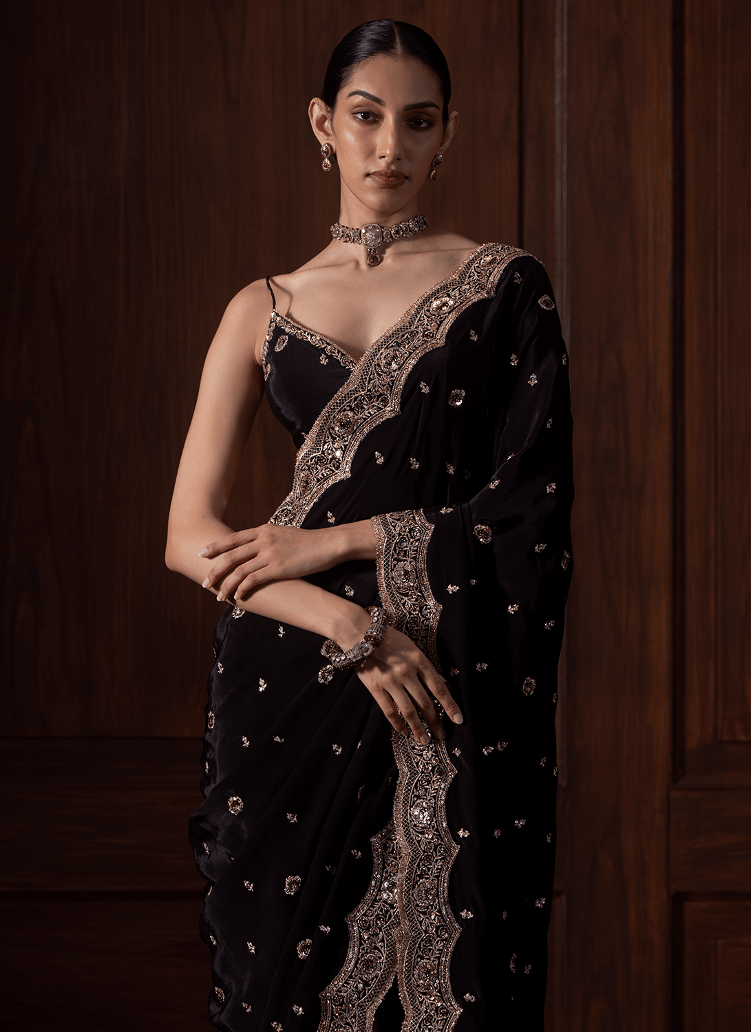 Black Embroidered Crepe Saree
