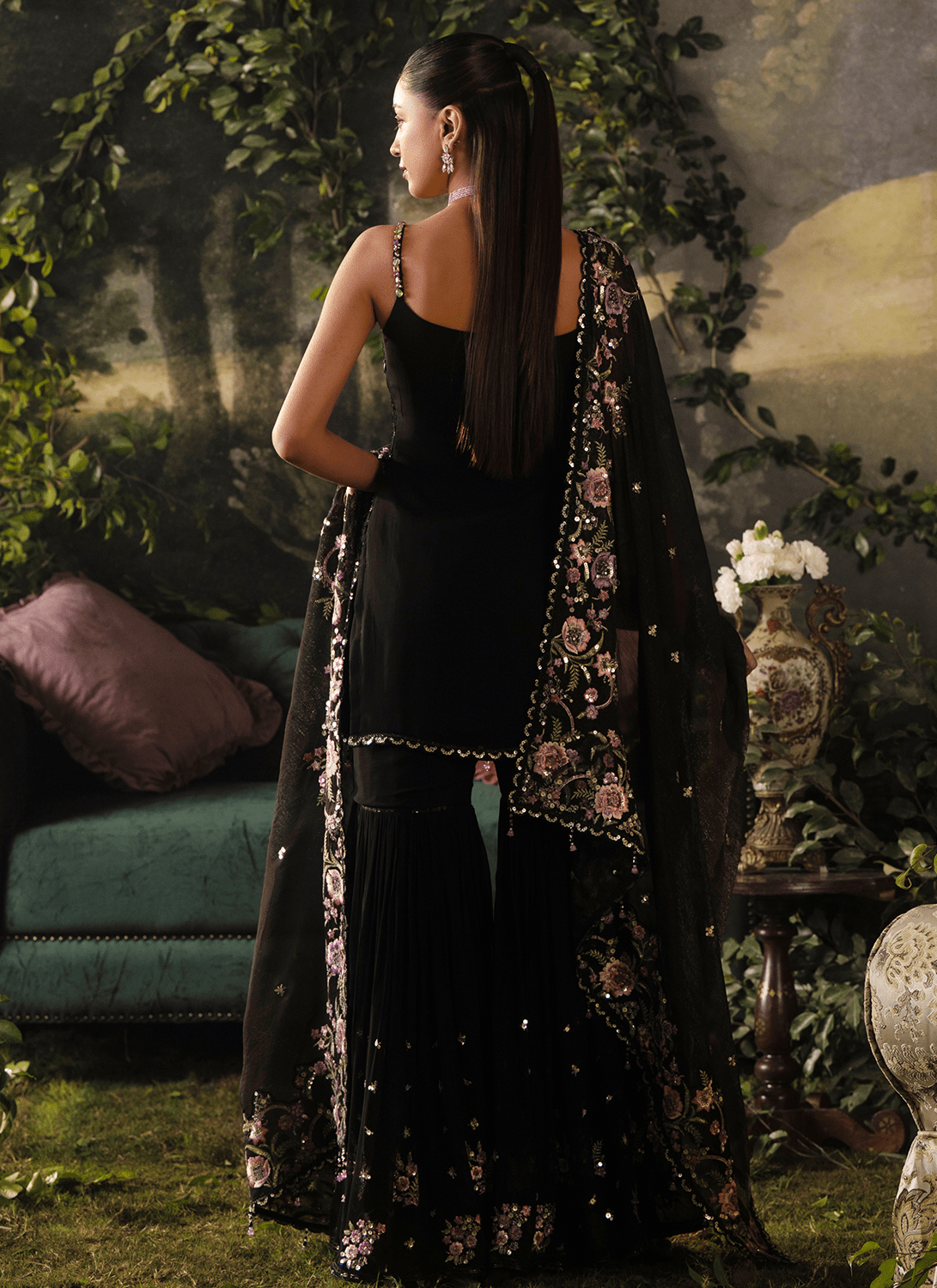 Black Embroidered Viscose Georgette Sharara