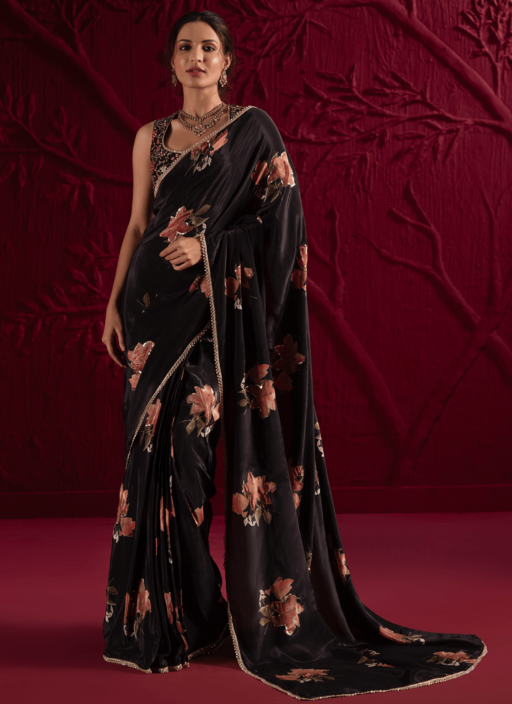Black Floral Embroidered Crepe Silk Saree
