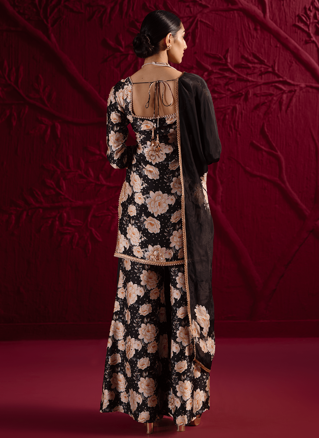 Black Floral Embroidered Satin Georgette Sharara Suit