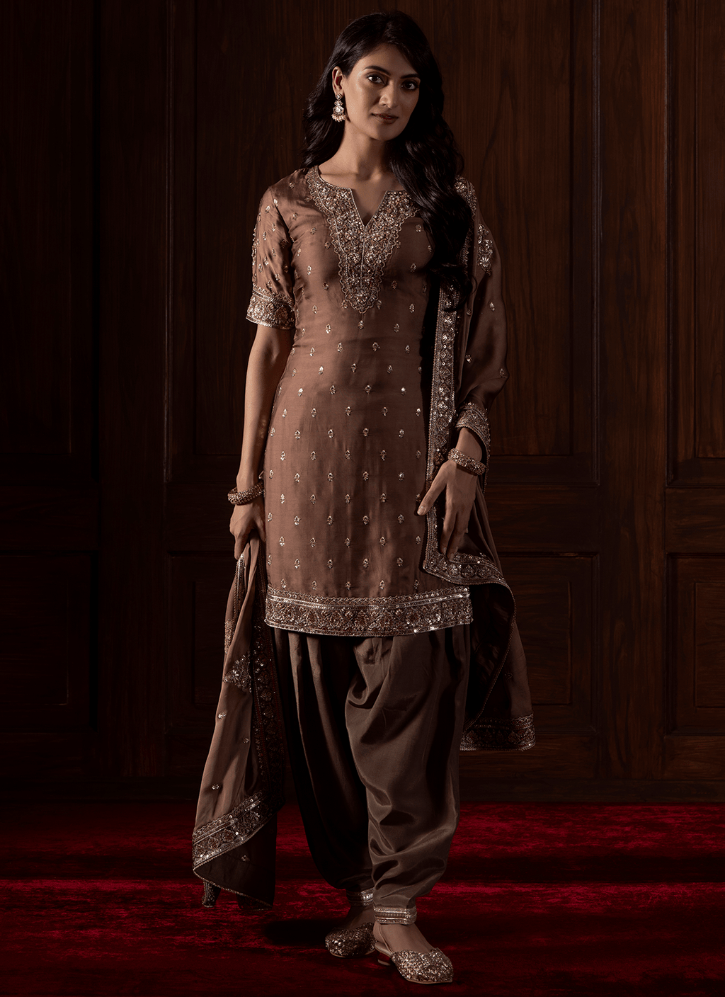 Brown Embroidered Viscose Organza Satin Punjabi Suit