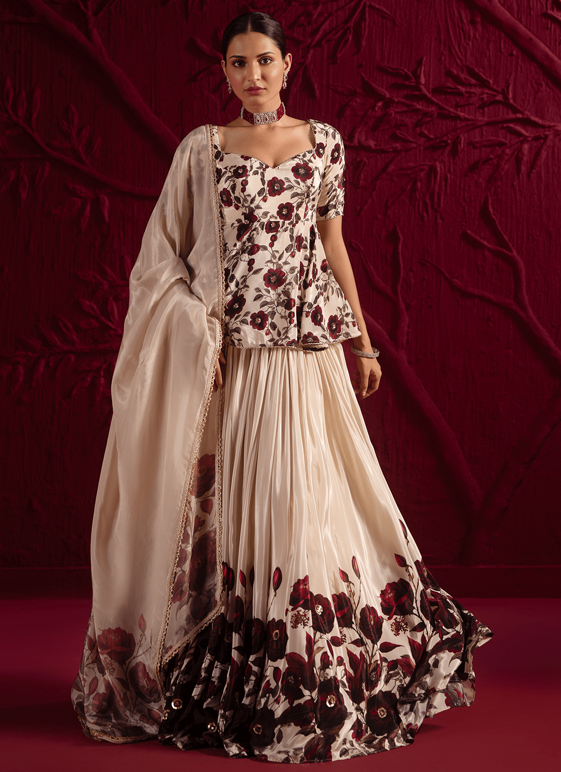 Cream Floral Embroidered Kurti Style Lehenga