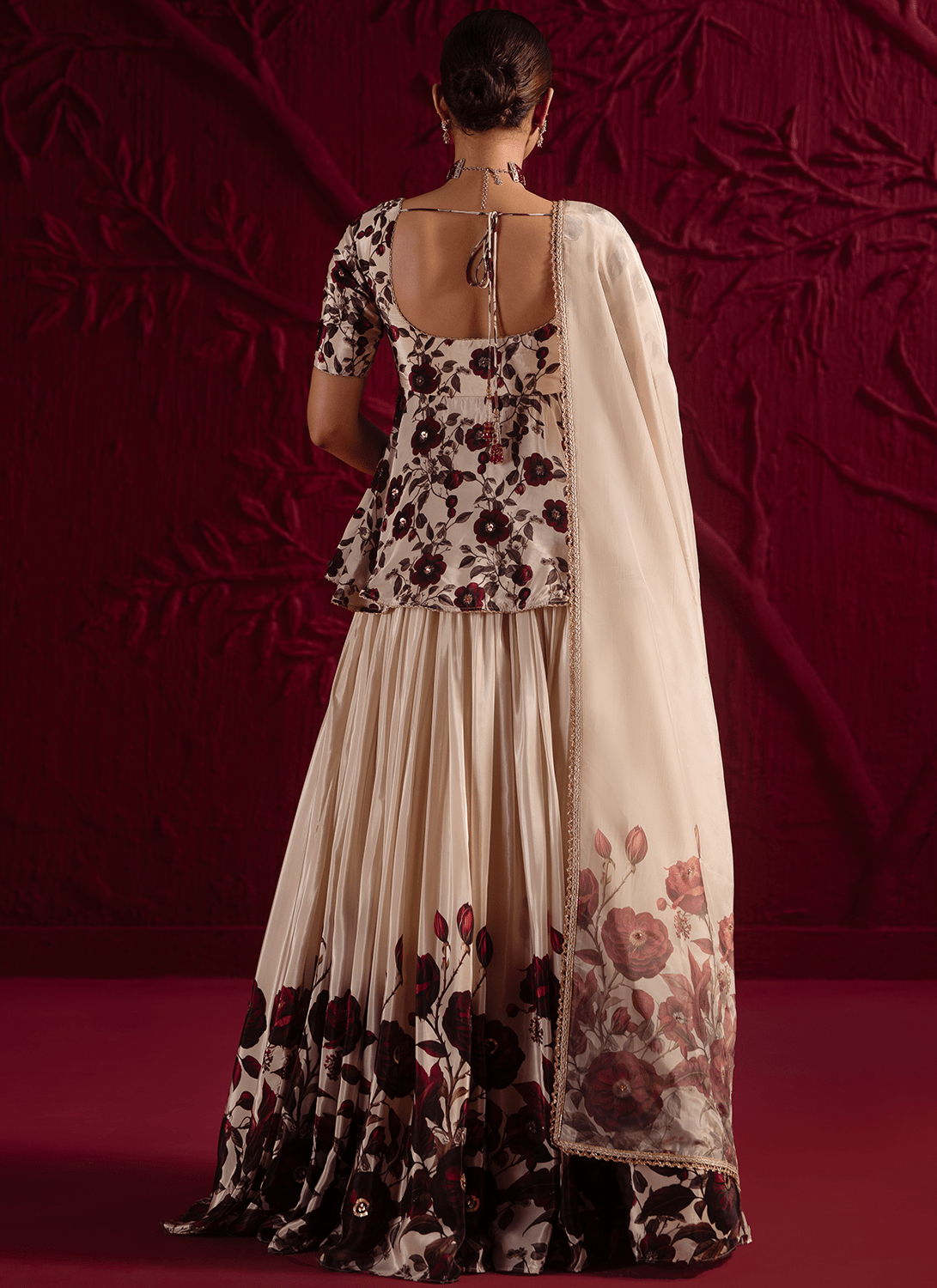 Cream Floral Embroidered Kurti Style Lehenga