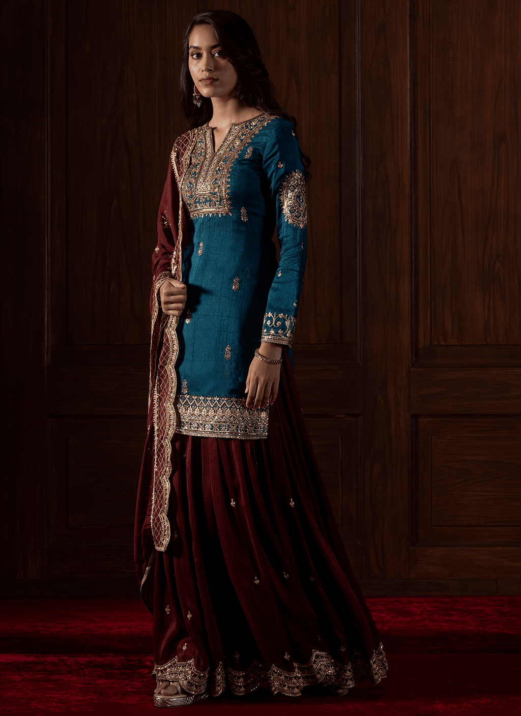 Dark Teal and Plum Embroidered Silk Sharara