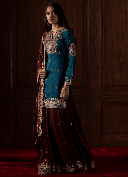 Dark Teal and Plum Embroidered Silk Sharara