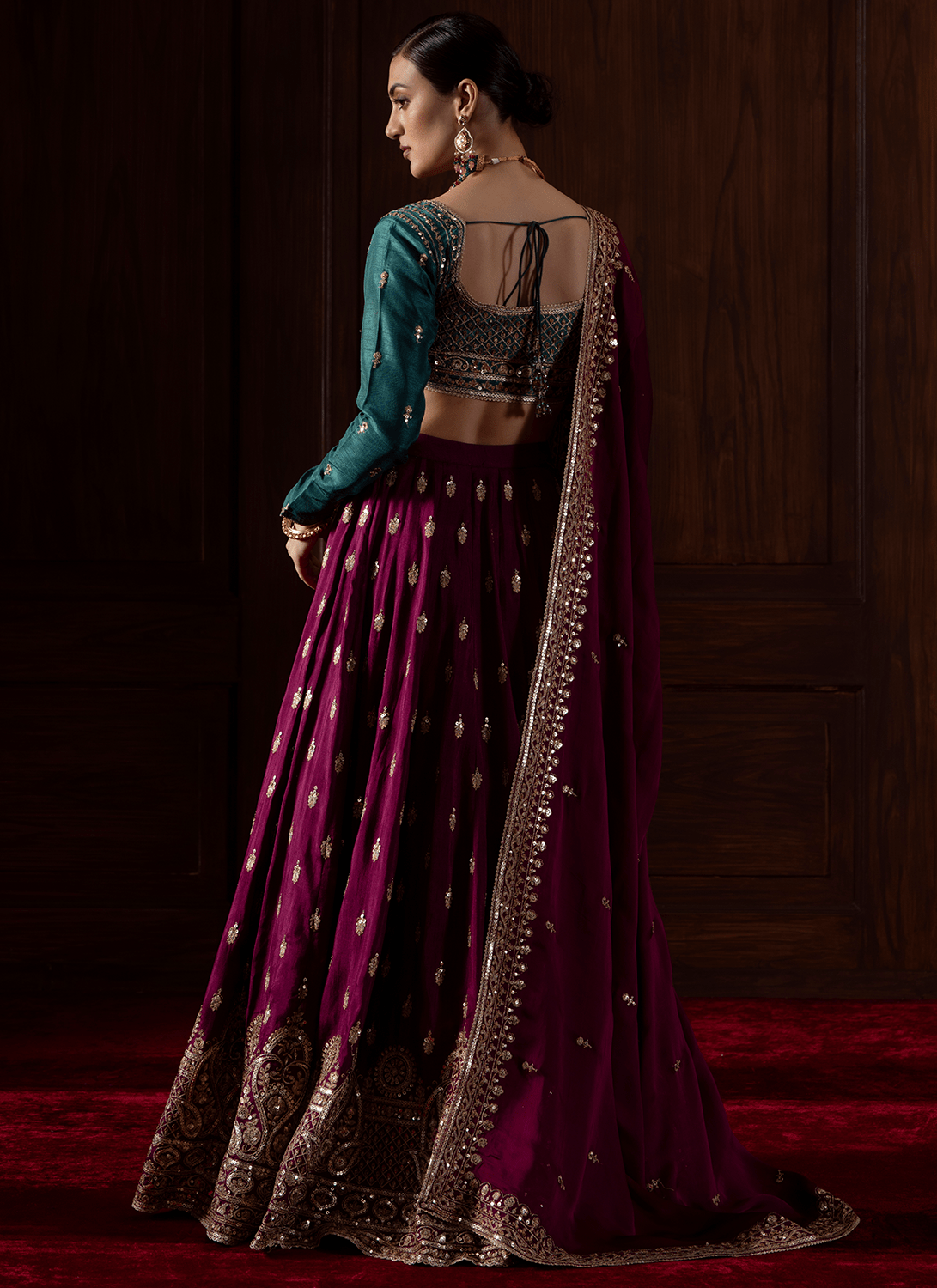 Deep Wine and Teal Embroidered Silk Lehenga