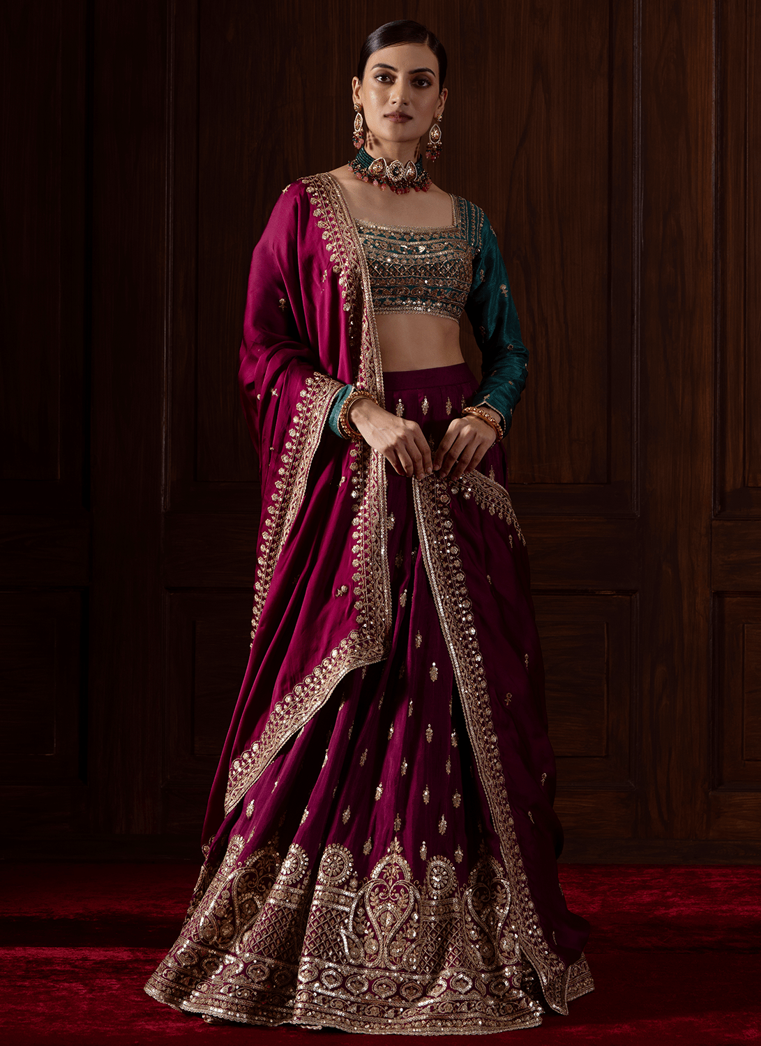 Deep Wine and Teal Embroidered Silk Lehenga