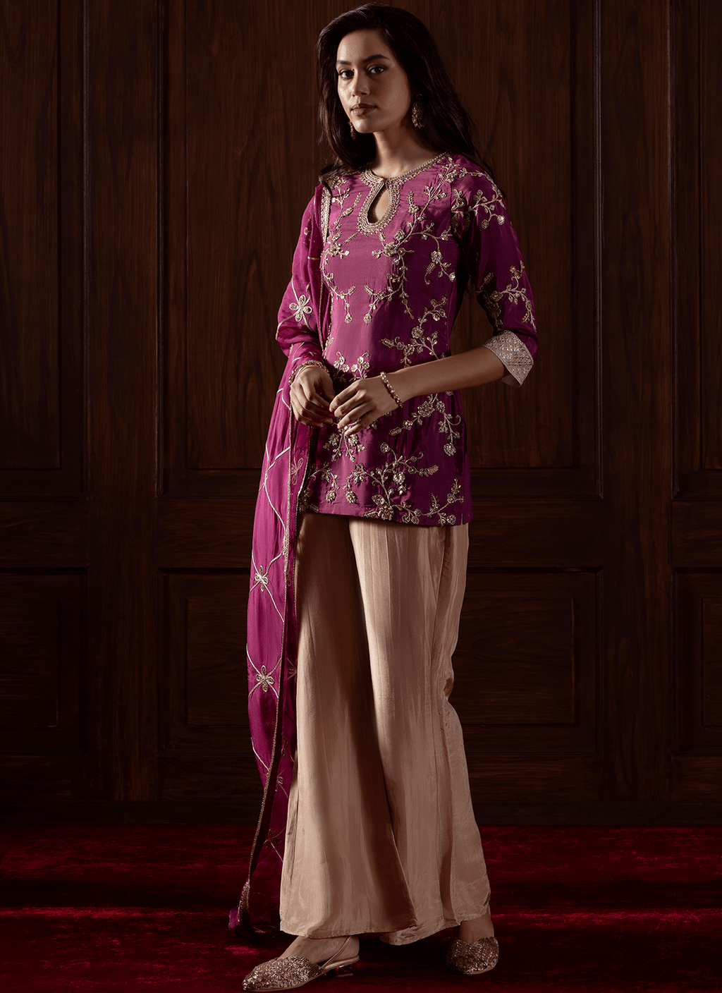 Deep Wine Embroidered Viscose Silk Pant Suit