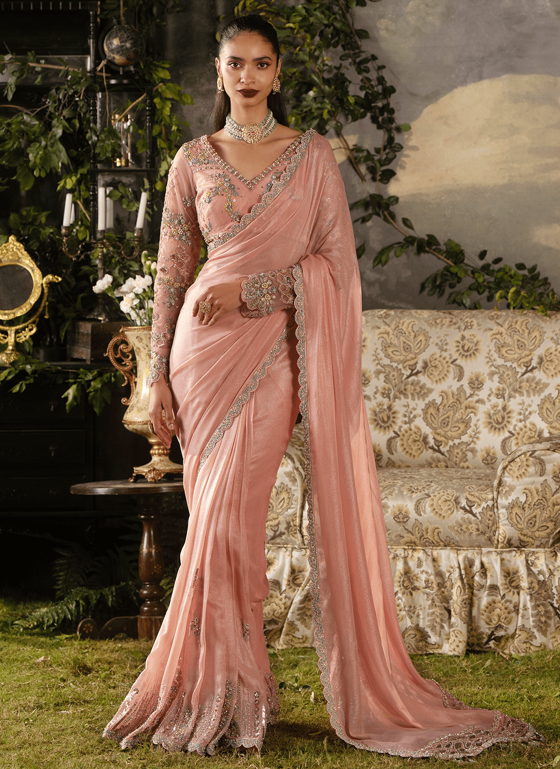 Dusty Peach Embroidered Viscose Georgette Saree
