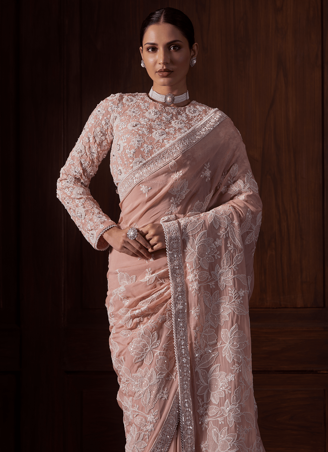 Dusty Peach Embroidered Viscose Organza Saree