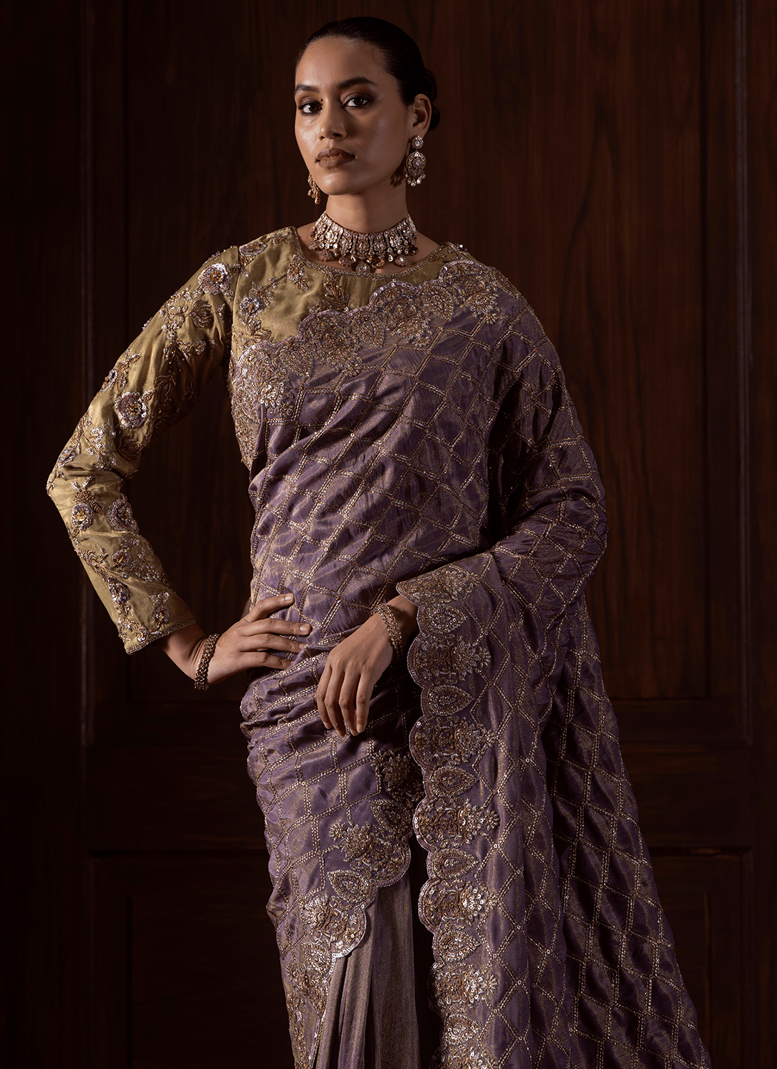 Dusty Purple Embroidered Tissue Organza Saree