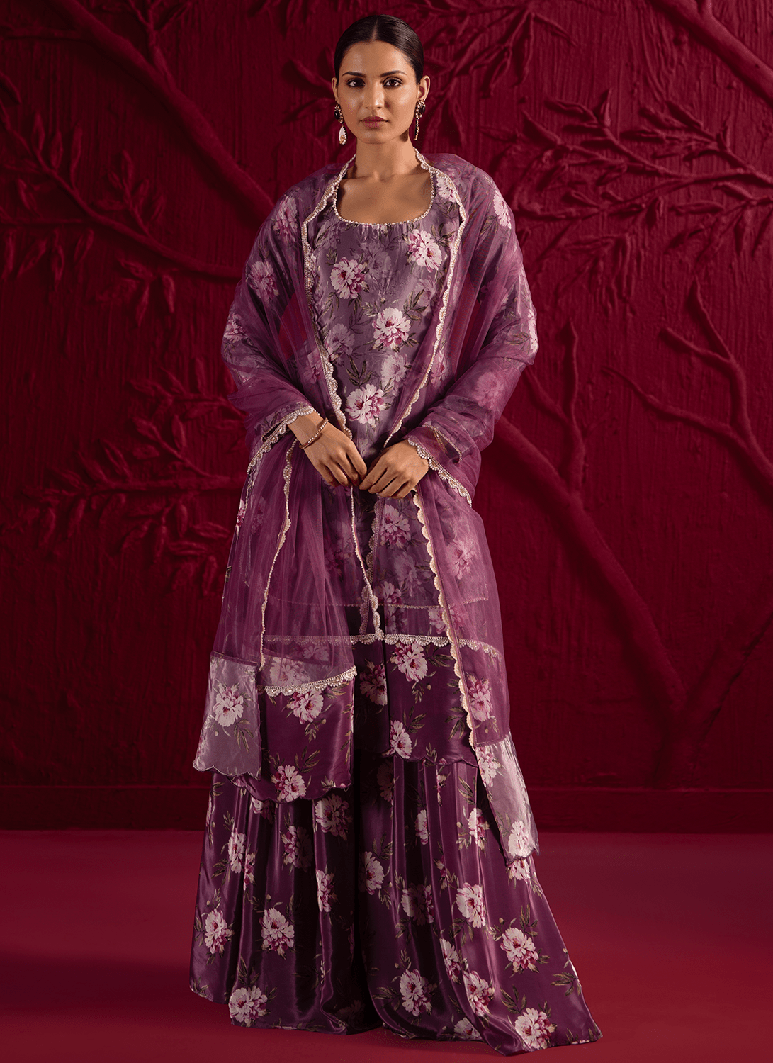 Dusty Purple Floral Embroidered Sharara Suit