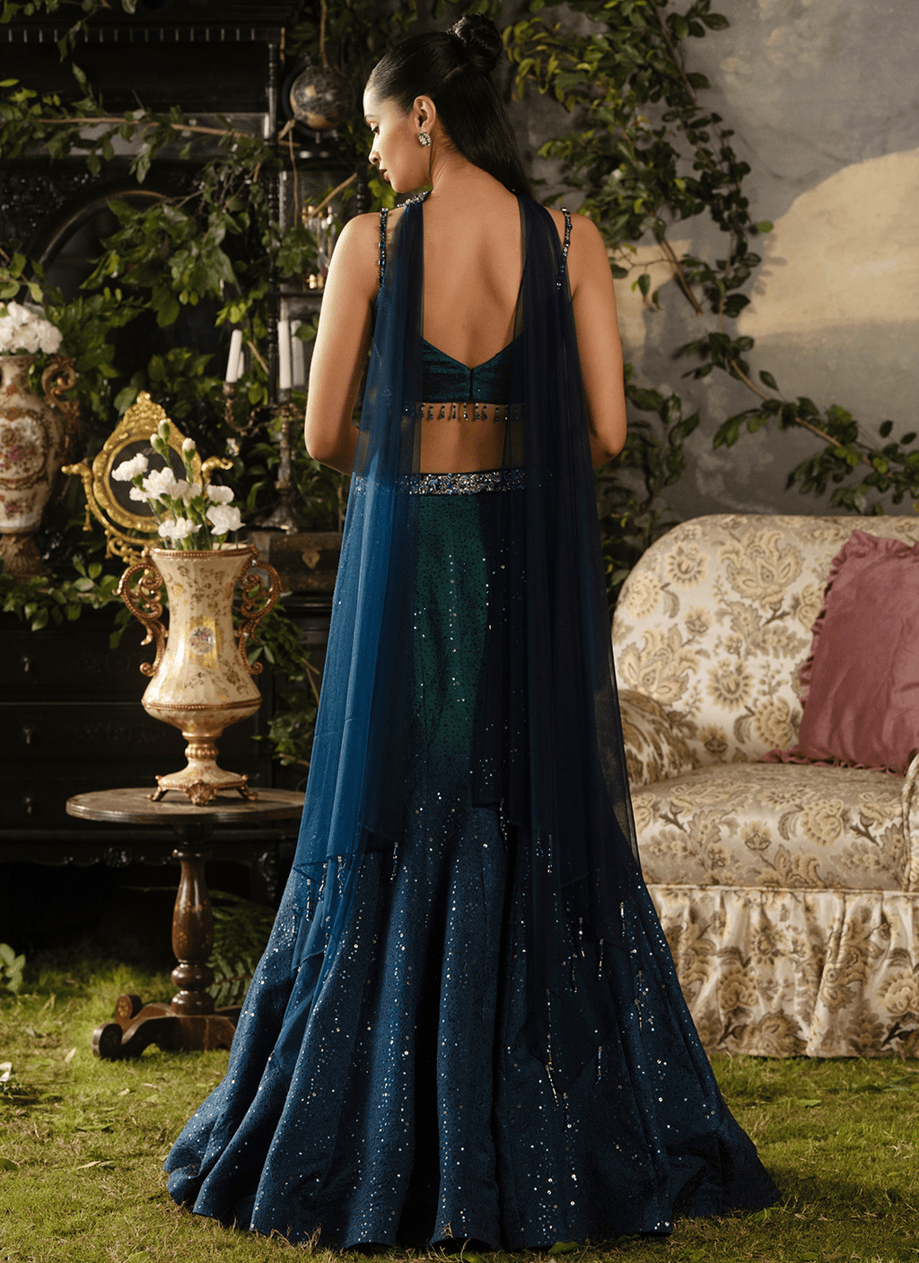 Emerald Teal Embroidered Silk Lehenga