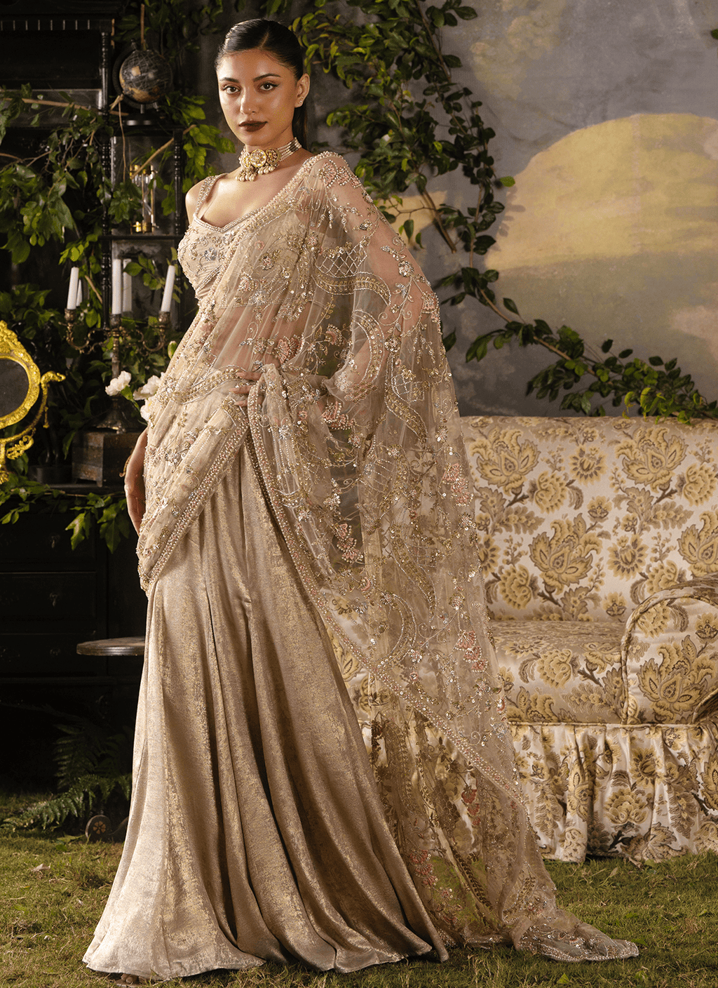 Gold Embroidered Foil Silk Saree