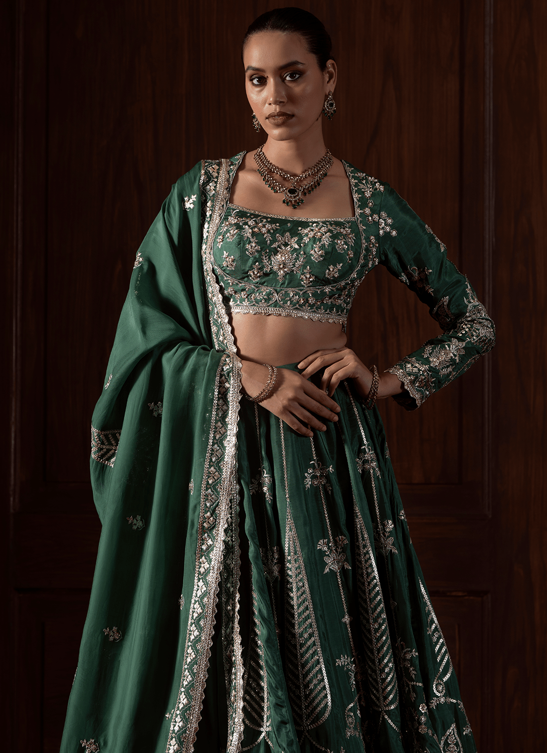 Green Embroidered Silk Lehenga