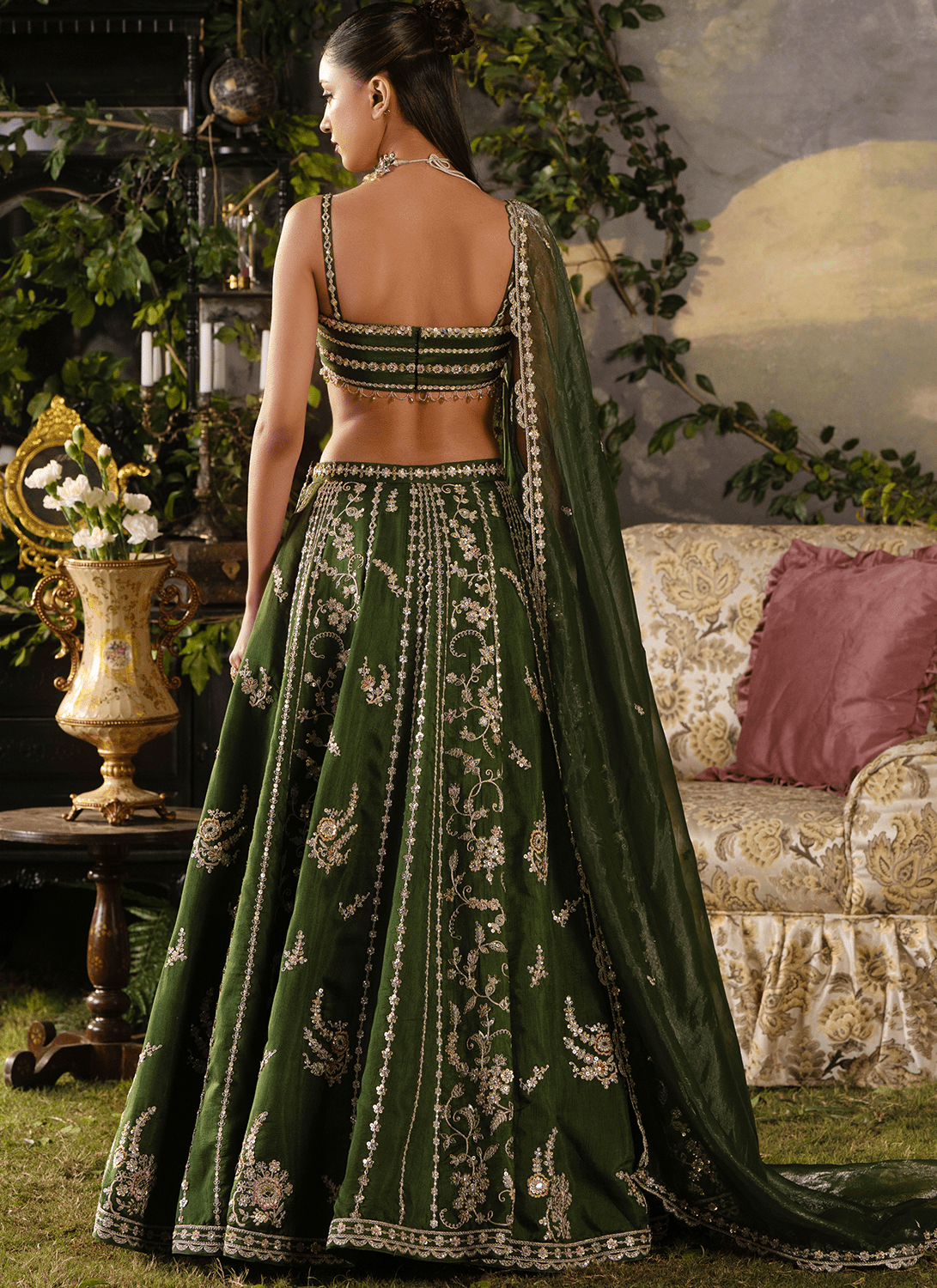 Green Embroidered Silk Lehenga