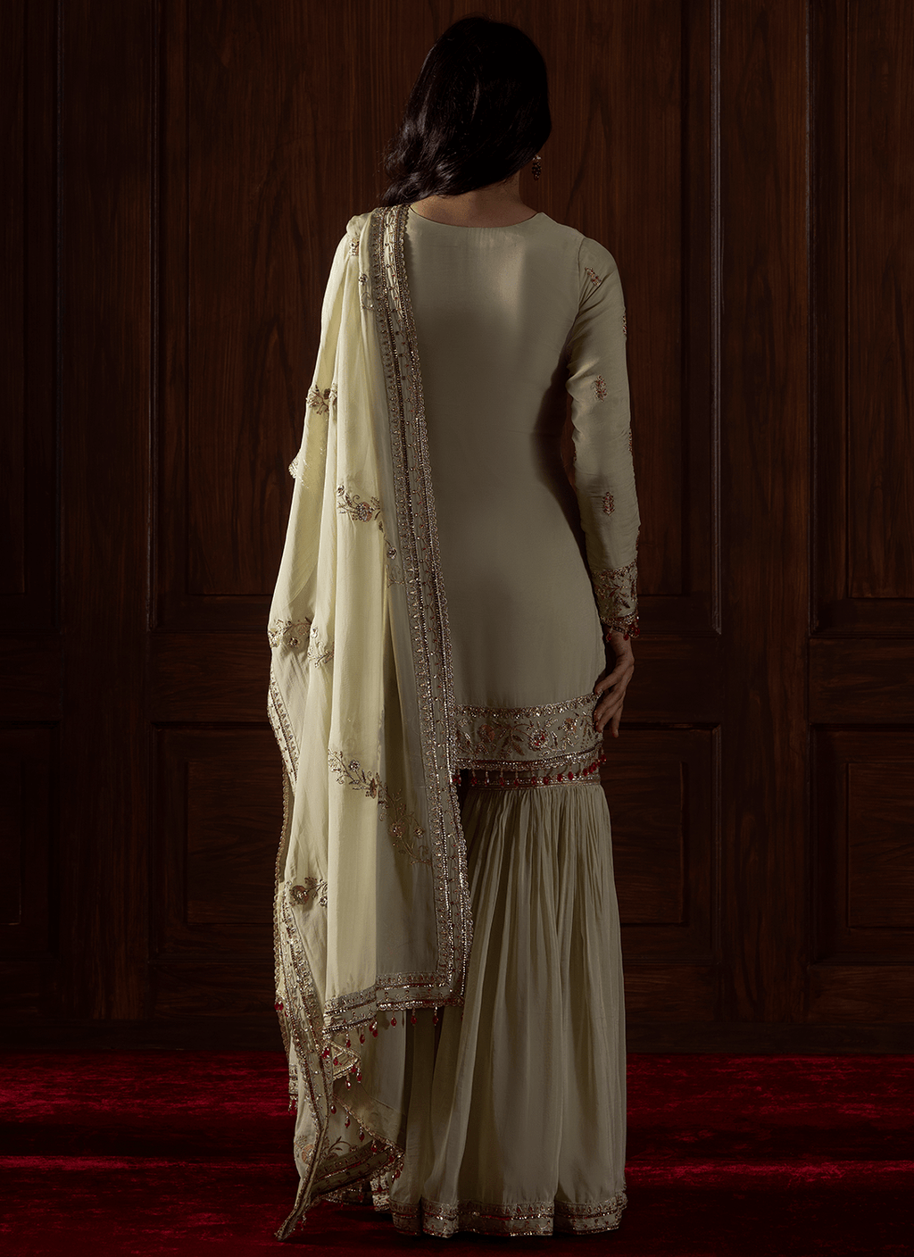 Green Embroidered Viscose Organza Gharara